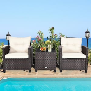 3-Piece Wicker Rattan Patio Conversation Set with White Washable Cushions