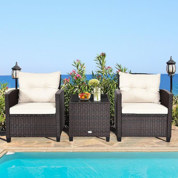 3-Piece Wicker Rattan Patio Conversation Set with White Washable Cushions