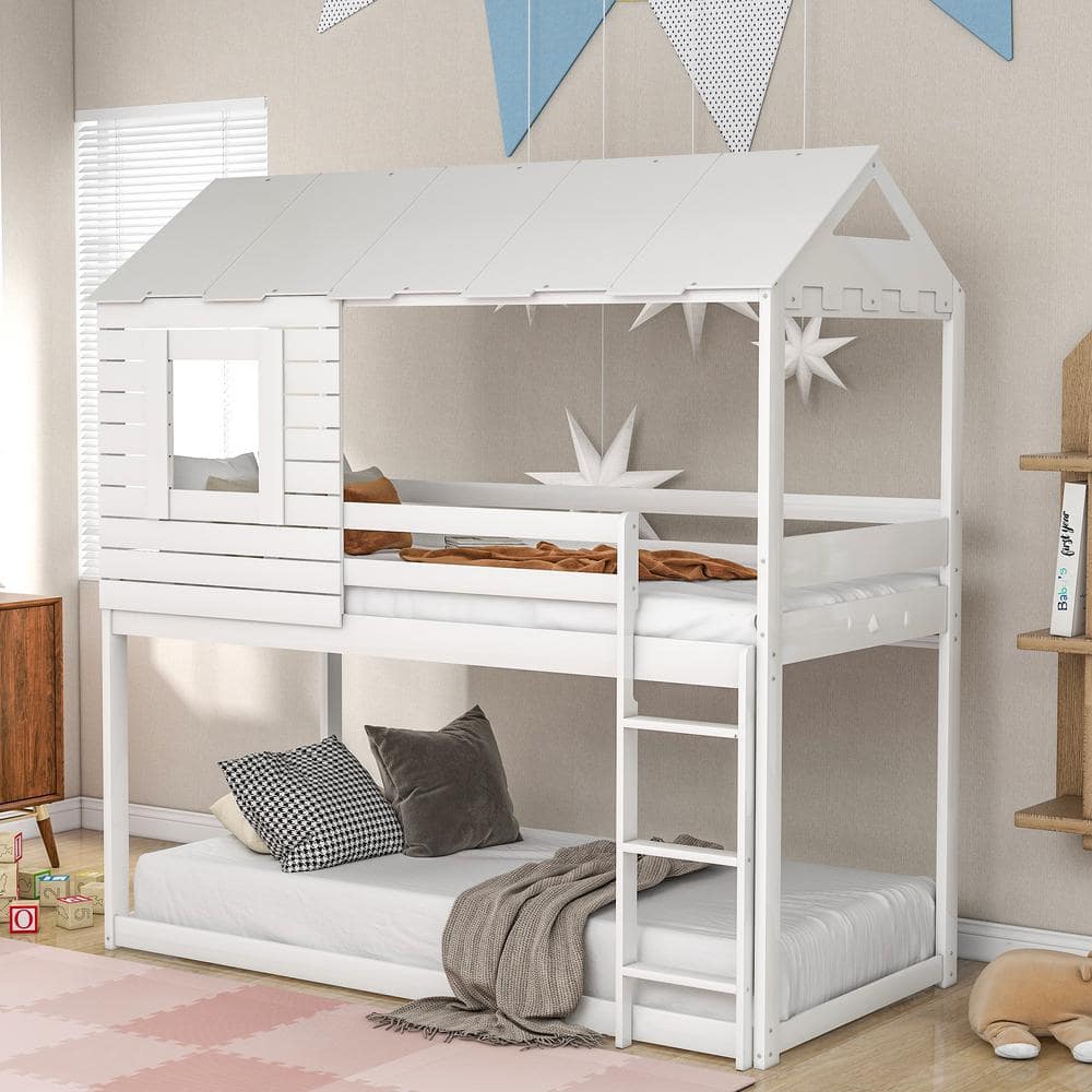 Harper & Bright Designs White Twin Over Twin Wood Bunk Bed with Roof ...