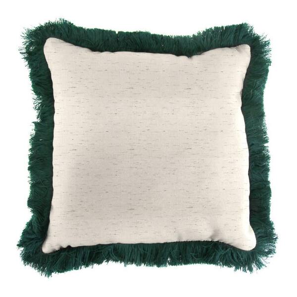 Jordan Manufacturing Sunbrella Frequency Parchment Square Outdoor Throw Pillow with Forest Green Fringe