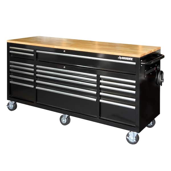 Husky 72 in. W x 24 in. D Standard Duty 18-Drawer Mobile Workbench Tool Chest with Solid Wood Top in Gloss Black