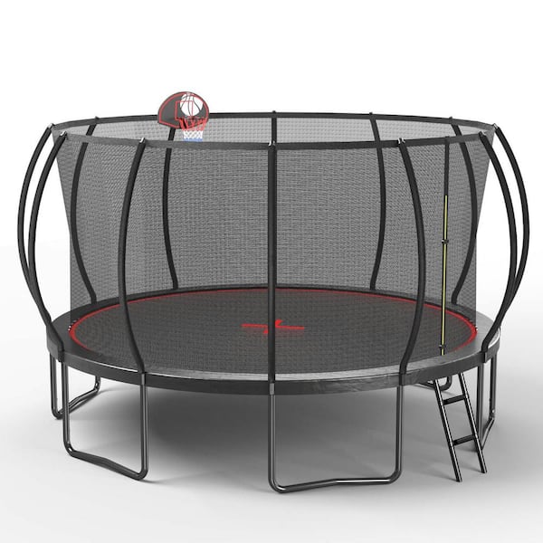 16 ft. Black Red Round Pumpkin Trampoline with Basketball Hoop