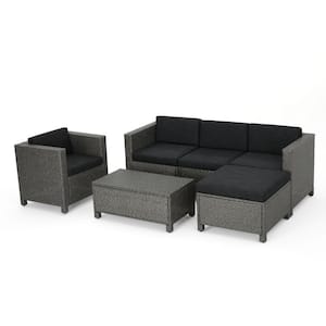 Puerta Mixed Black 6-Piece Wicker Outdoor Sectional Set with Dark Gray Cushions