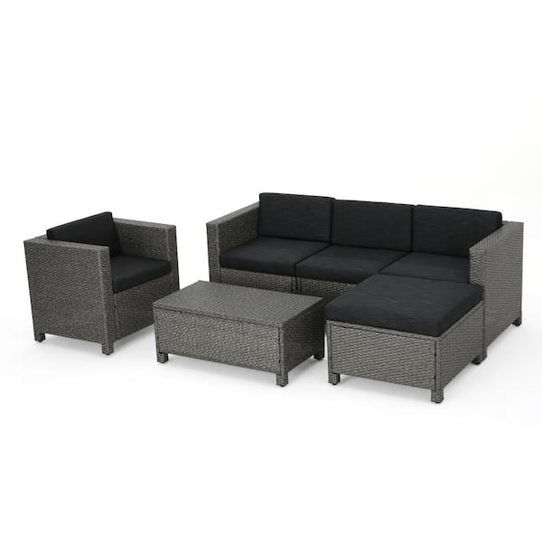 Noble House Puerta Mixed Black 6-Piece Wicker Outdoor Sectional Set with Dark Gray Cushions