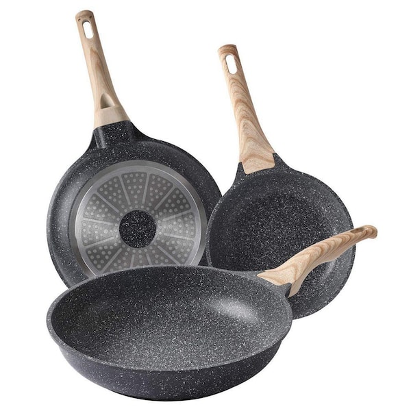 3-Piece Granite Nonstick Frying Pan Set with Titanium Coating, Scratch Resistant, Induction Compatible, Healthy