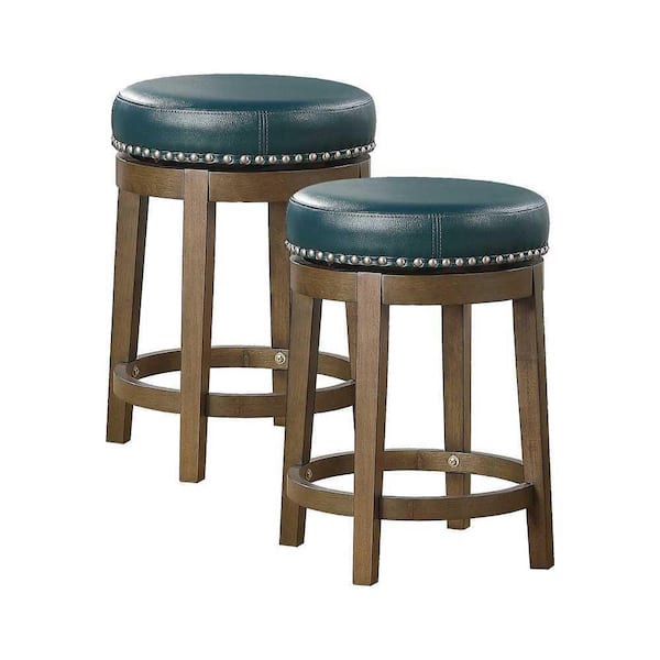 EVERGLADE HOME Paran 25 in. Brown Backless Wood Frame Round Swivel Bar Stool with Green Faux Leather Seat (Set of 2)