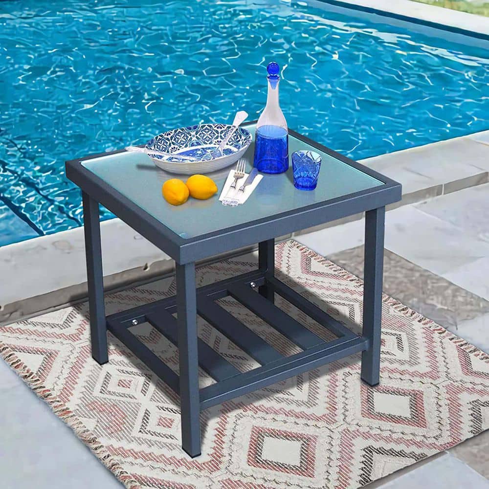 Blue Aluminum Modern Square Outdoor Coffee Table with Storage Space