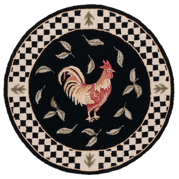 Vintage Posters 4 ft. x 4 ft. Round Black/Ivory Rooster Border Area Rug