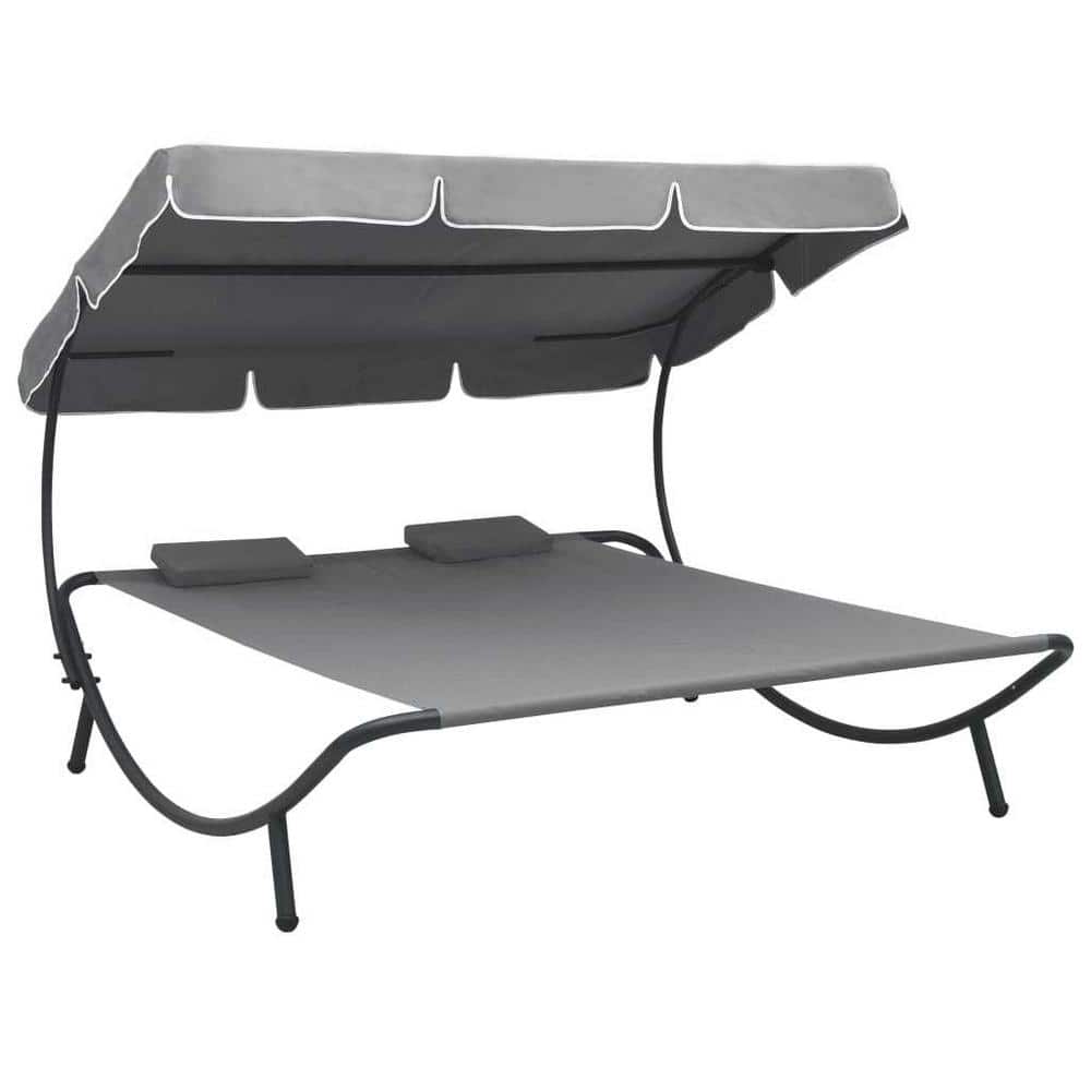Metal Steel Outdoor Day Bed Lounge Bed with Canopy and Pillows in Gray Cush