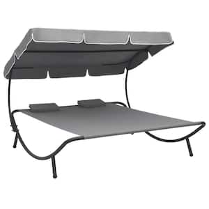 Metal Steel Outdoor Day Bed Lounge Bed with Canopy and Pillows in Gray Cushions