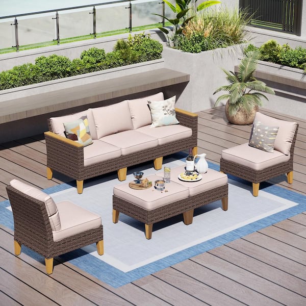 Brown Rattan Wicker 7 Seat 7-Piece Steel Outdoor Sectional Set with Beige Cushions and 2 Ottomans