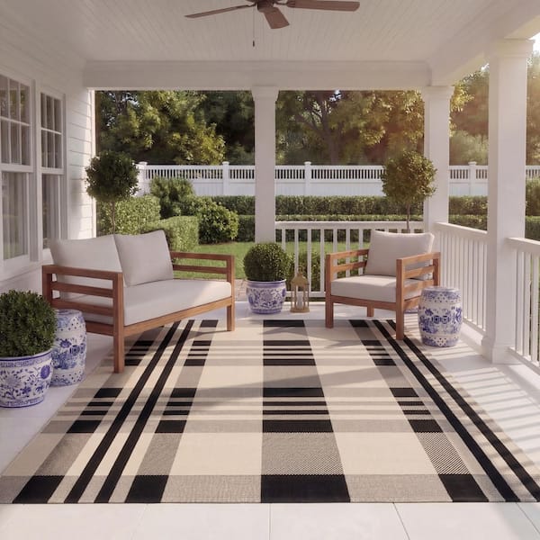 Courtyard Black/Bone 8 ft. x 11 ft. Striped Indoor/Outdoor Patio Area Rug