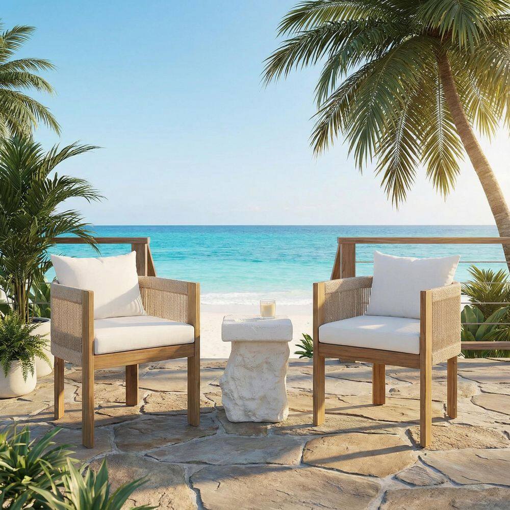 Ulmont Rustic Teak Finish Wood and Rope Woven Patio Conversation Set Outdoor Dining Chairs w/ Beige Cushions, Side Table
