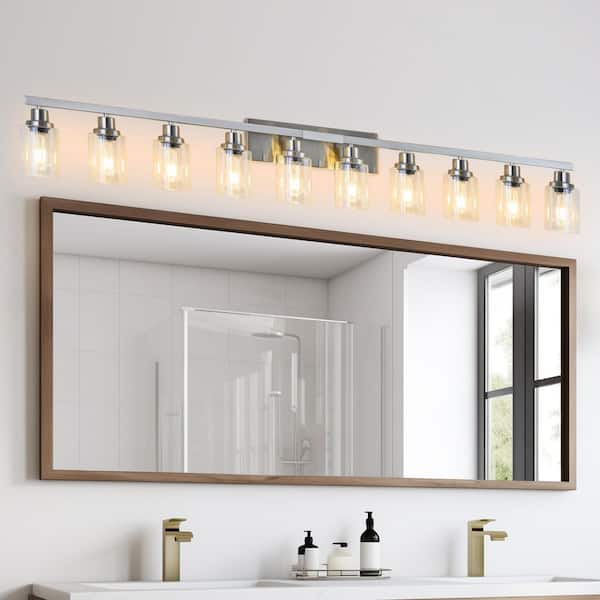 65 in. 10-Light Nickel Bathroom Vanity Light Fixture with Clear Glass Shades for Bathroom Vanity Dressing Area Lighting