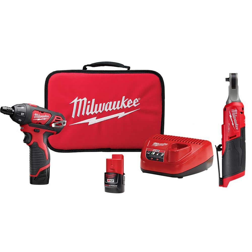 Milwaukee M12 FUEL 12V Lithium-Ion Cordless High Speed 1/4 in. Ratchet and 1/4 in. Hex Screwdriver Kit (2-Tool) -  2566-20-2401-22