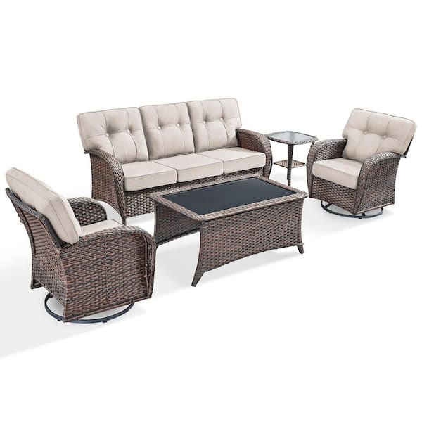 Modern Seaside 5-Piece Patio Wicker Outdoor Conversation Set Rocking Chair Swivel Glide with Table and Blue Cushions