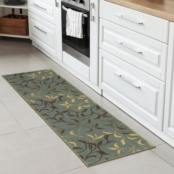 Ottohome Collection Non-Slip Rubberback Leaves 2x5 Indoor Runner Rug, 1 ft. 8 in. x 4 ft. 11 in., Dark Seafoam Green