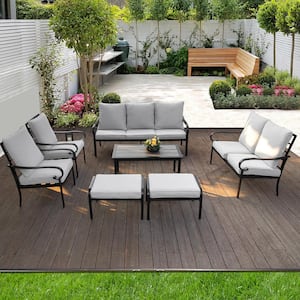7-piece Metal Patio Conversation Set with Cushions, 3-seat Sofa, 2-seat Loveseat, 2 Chairs, 2 Ottomans and Side Table