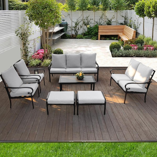 MEOOEM 7-piece Metal Patio Conversation Set with Cushions, 3-seat Sofa, 2-seat Loveseat, 2 Chairs, 2 Ottomans and Side Table