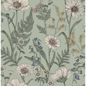 Spring Meadow Green Flowers Peel and Stick Sample, 8 in. x 10 in. Wallpaper Sample