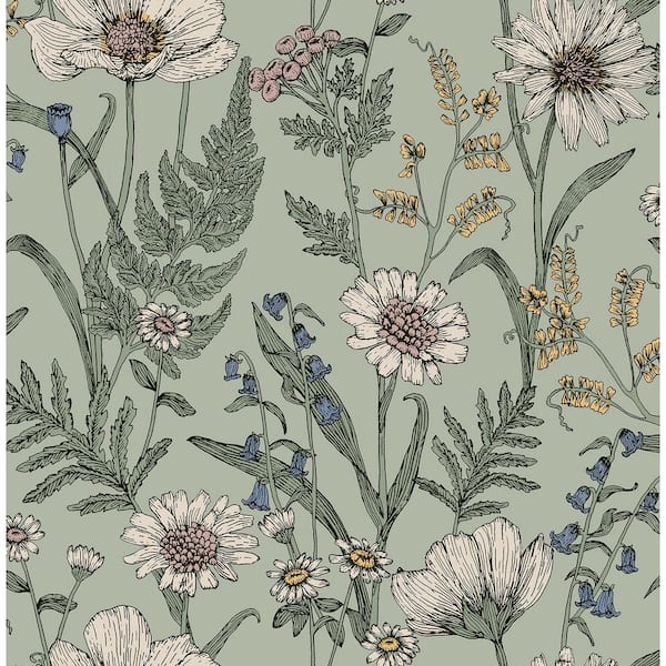 Spring Meadow Green Flowers Peel and Stick Sample, 8 in. x 10 in. Wallpaper Sample