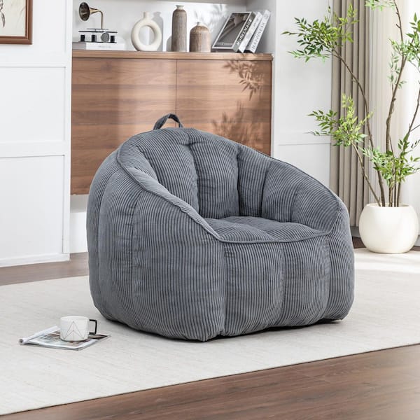 Revon Dark Gray Corduroy Polyester Upholstered Bean Bag Chair with Armrests and High-Density Shredded Foam