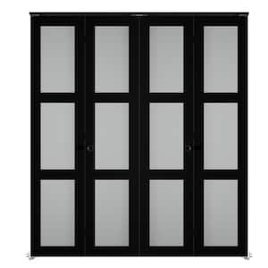 48 in. x 78 in. (Double 24 in.) 3-Lite Frosted Glass Solid Core Black MDF Closet Bi-Fold Door with Hardware Kit