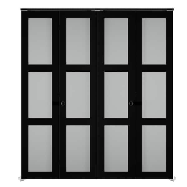 SOCBAZZAR 64 in. x 78 in. (Double 32 in. ) 3-Lite Frosted Glass Solid Core Black MDF Closet Bi-fold Door with Hardware Kit