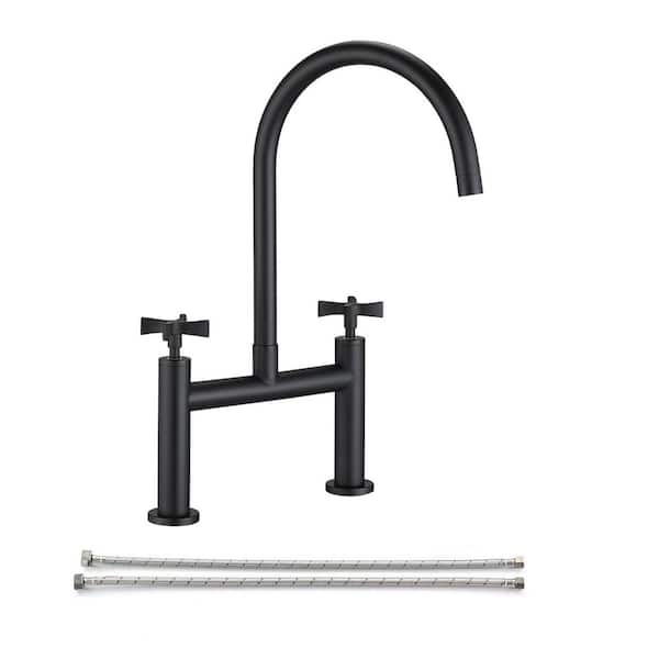 Pdpbath Double Handle Bridge Kitchen Faucet with 360° Spout Swivel in Matte Black in Stainless Steel