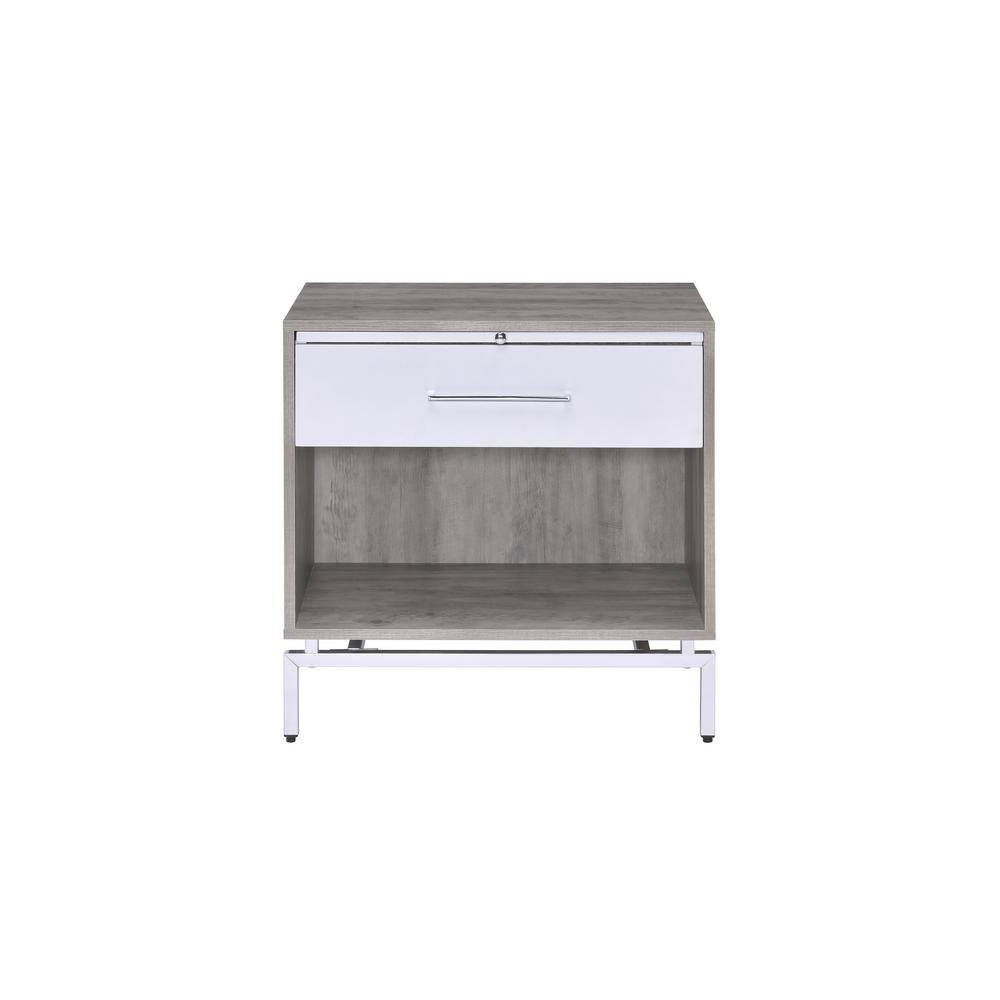 Weathered Gray Oak & White Metal Accent Table with Storage