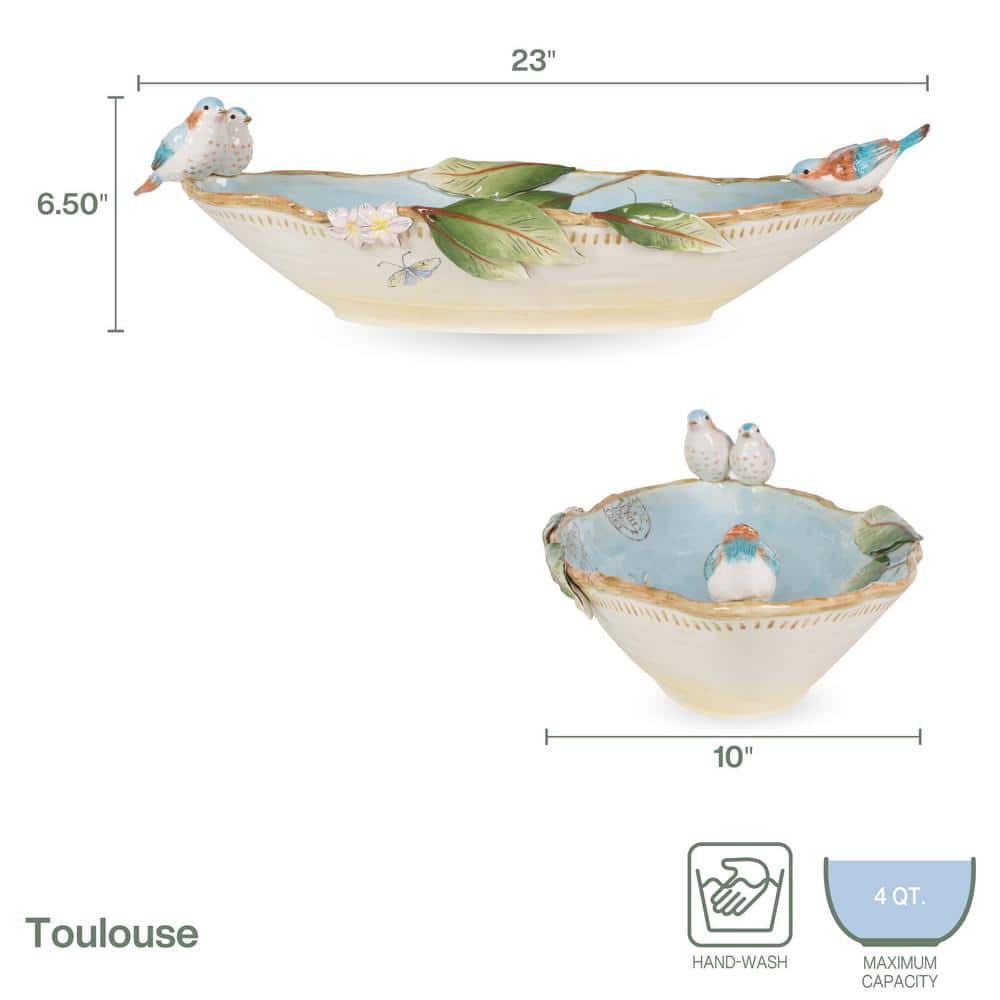 Pastel Blue Ceramic Elliptical Decorative Bowl with Birds and Butterflies