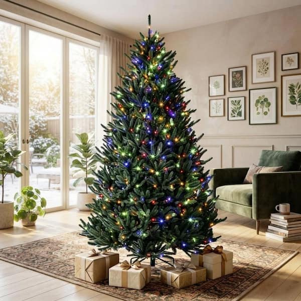 7.5 ft. Prelit Hinged Artificial Christmas Tree Artificial Foliage with Switchable Warm White and Multi‑Color LED Lights