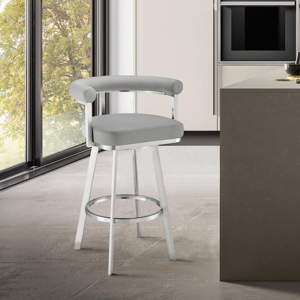 Armen Living Magnolia 26 in. Light Gray/Brushed Stainless Steel Low Back Metal Counter Stool with Faux Leather Seat