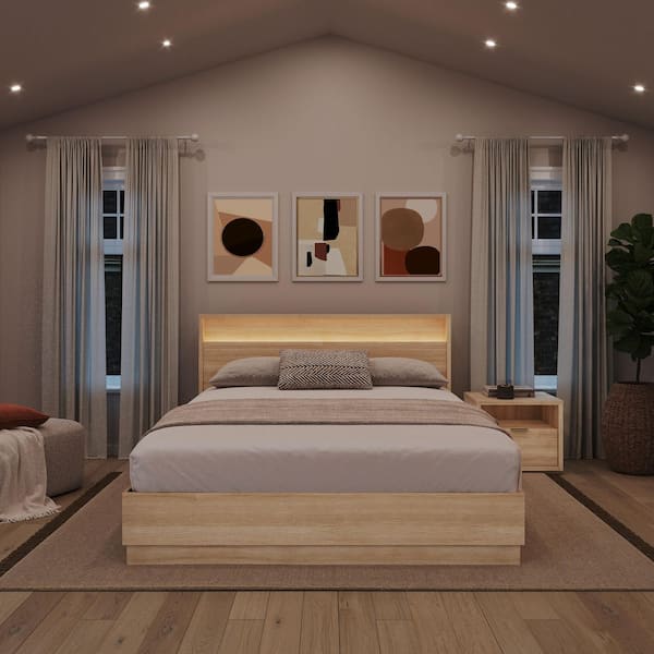 Harlow 3 Piece Natural Blonde Oak Wood Composite Queen Size Bedroom Set with Lighted Headboard