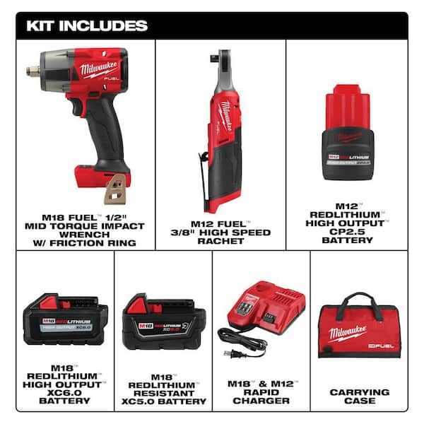 M18 FUEL 18V Cordless Mid Torque 1/2 in. Impact Wrench w/ M12 FUEL 3/8 in. Ratchet Combo Kit w/ 6.0 Battery