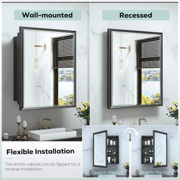 KeonJinn 17 in. W x 25 in. H Rectangular Brass Aluminum Alloy Black Framed Recessed/Surface Mount Medicine Cabinet with Mirror