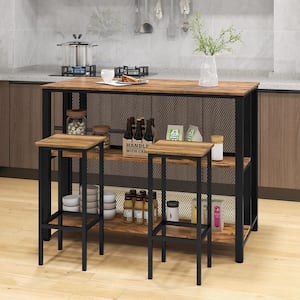 Rustic Brown 36 in. Tall 3-Tier Bar Table with Storage Metal Frame Adjustable Foot Pads