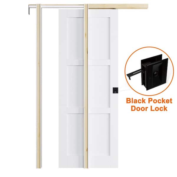 ARK DESIGN 28 in. x 80 in. Primed 3-Lite Wood Door with White Pocket Door Frame and Hardware Kits (Soft Close and Black Lock Incl)