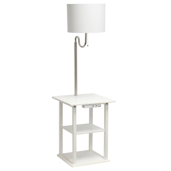 Simple Designs 57 in. White Standard 2-Tier Floor Lamp Combination with 2 x USB Charging Ports and Power Outlet with Fabric Shade