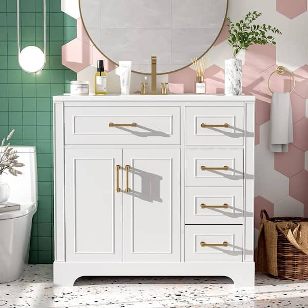 36 in. W Single Sink Freestanding Solid Wood Frame Bath Vanity in White with White Ceramic Top, Adjustable Shelf