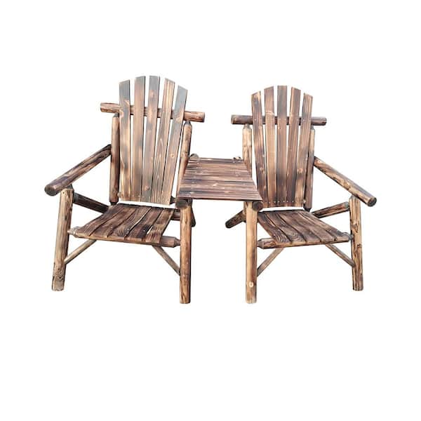Unbranded Wood Outdoor Antique Porch Loveseat With Tray-Table, Double Adirondack Chair for Garden Balcony Patio Backyard In Coffee