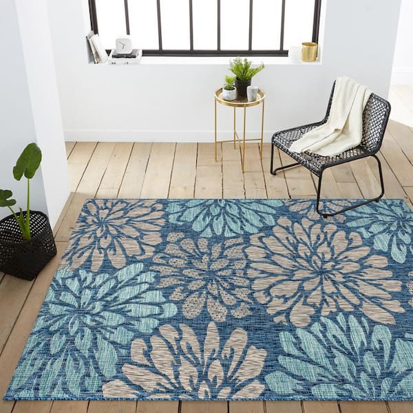 JONATHAN Y Zinnia Modern Floral Navy/Aqua 3 ft. 1 in. x 5 ft