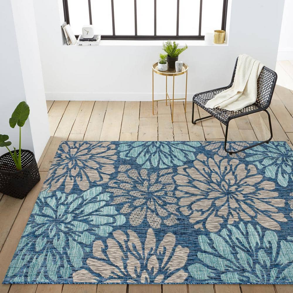 Navy Aqua Floral Synthetic Flat Woven Reversible Rug 5x8
