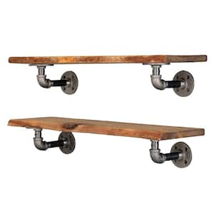 24 in. W x 7.5 in. D x 4.5 in. H Trail Brown Live Edge Wood Decorative Wall Shelf with Pipe Brackets (Set of 2)