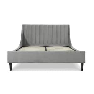 Aspen 63.5 in. Velvet Vertical Tufted Upholstered Queen Modern Platform Bed Frame with Headboard in Opal Grey