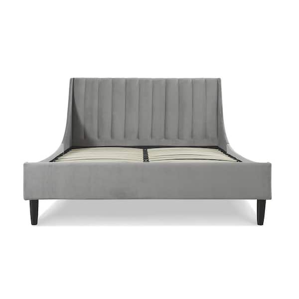 Aspen 63.5 in. Velvet Vertical Tufted Upholstered Queen Modern Platform Bed Frame with Headboard in Opal Grey