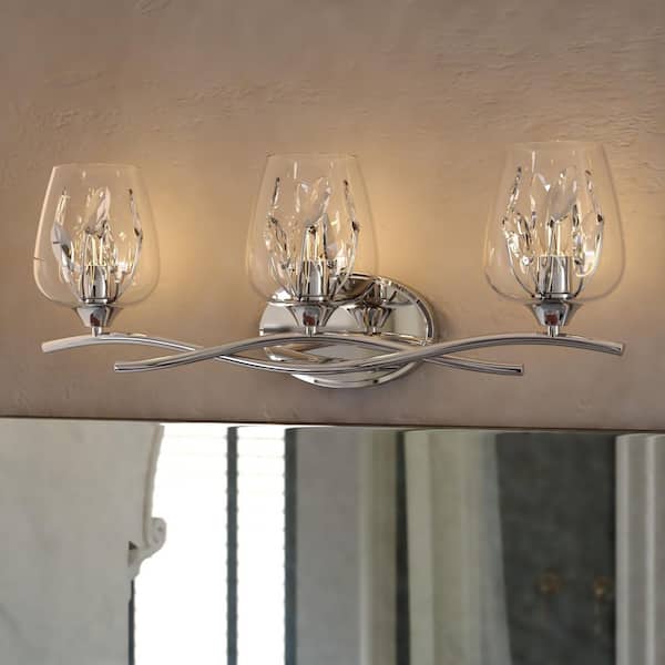 Wilmette 24 in. 3-Light Chrome Vanity Light with Clear Glass Shade, LED Compatible Bathroom Wall Sconce