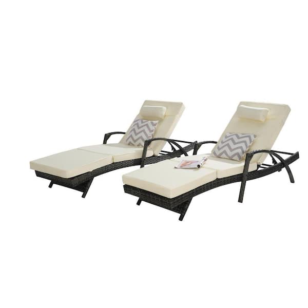 Gray Wicker Outdoor Lounge Chair Recliner with Beige Cushions