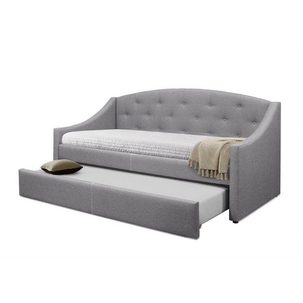 Benjara Gray Modern Wood Polylinen Button Tufted Twin Daybed Trundle