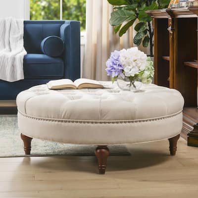 Beige Ottomans Living Room, Round Tufted Coffee Table